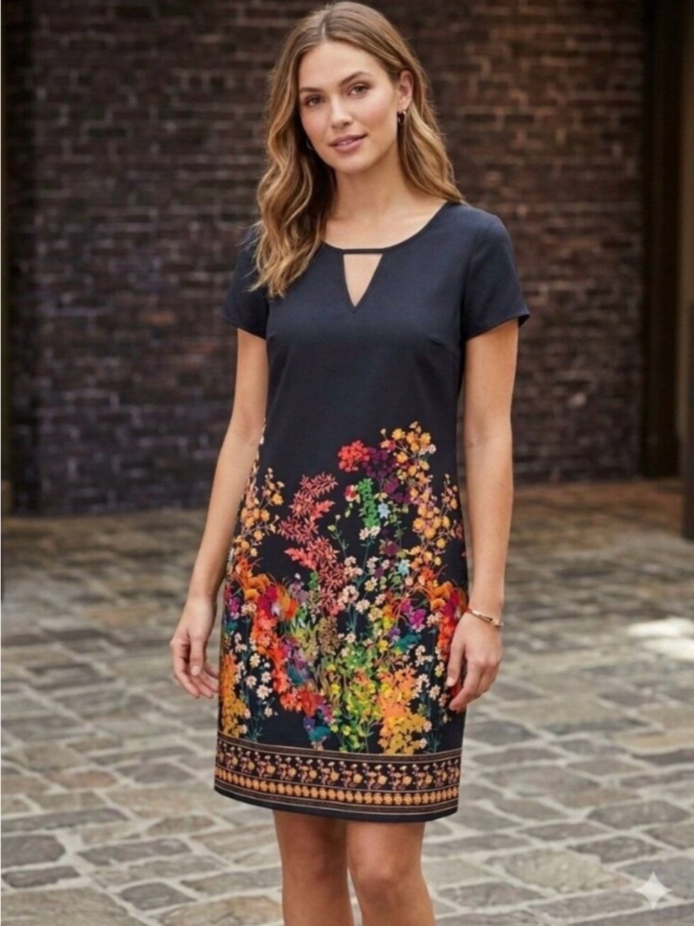 Merona Navy Blue Floral Border Shift Dress Size L Short Sleeve Keyhole Cut Out